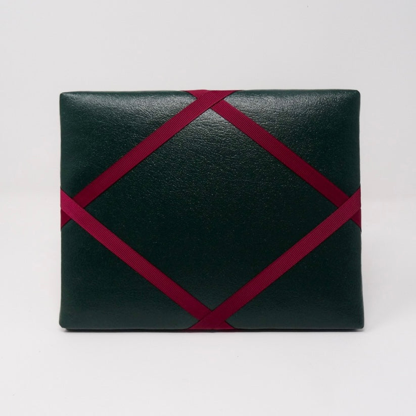 Freestanding Photo Frame - Faux Green Leather / Burgundy Ribbon