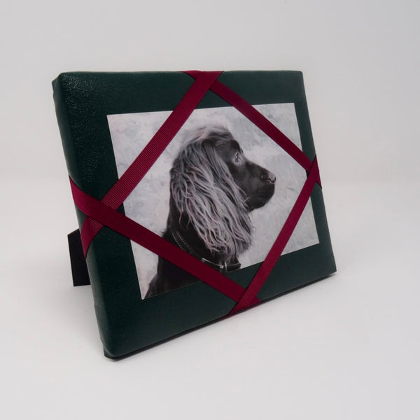 Freestanding Photo Frame Faux Green Leather / Burgundy Ribbon