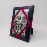 Freestanding Photo Frame - Faux Navy Leather / Burgundy Ribbon