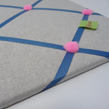 Soft Grey Ribbon Memo Board / French Blue Ribbon / Pink Pom-Poms
