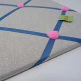 Soft Grey Ribbon Memo Board / French Blue Ribbon / Pink Pom-Poms