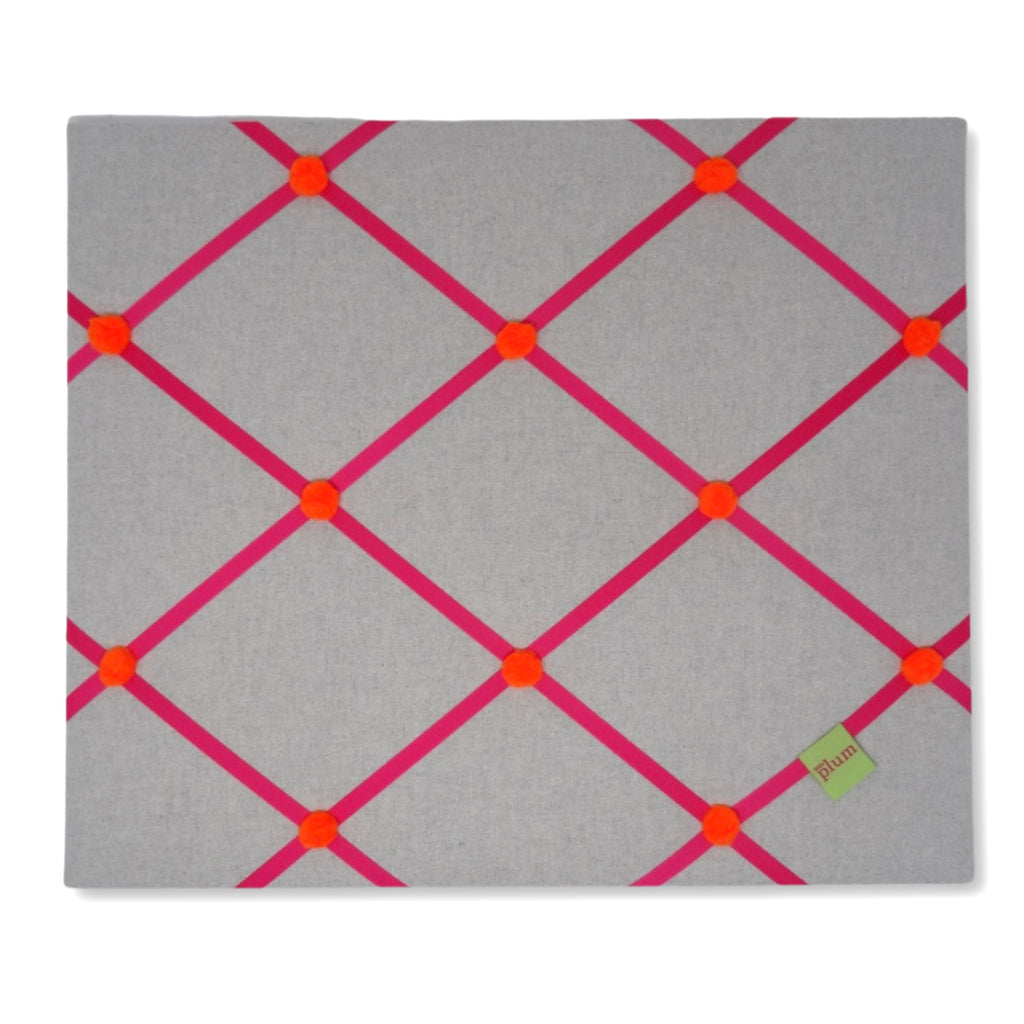 Soft Grey Ribbon Memo Board / Bright Pink Ribbon / Orange Pom-Poms